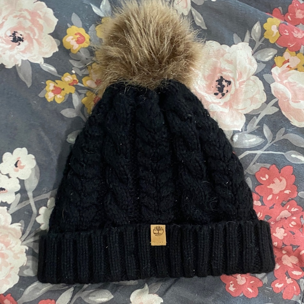 Timberland Black Knit Hat with Brown Pom